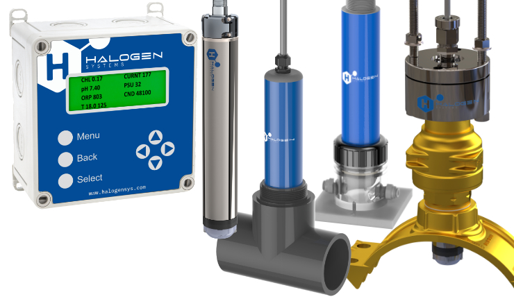 Halogen Systems Inc. chlorine analyzers with display module designed for municipal water treatment equipment.
