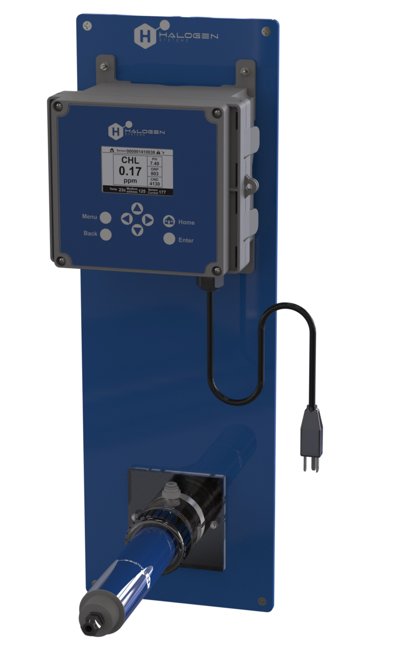 Halogen Systems Inc. amperometric chlorine analyzer pre-mounted on a installation board.